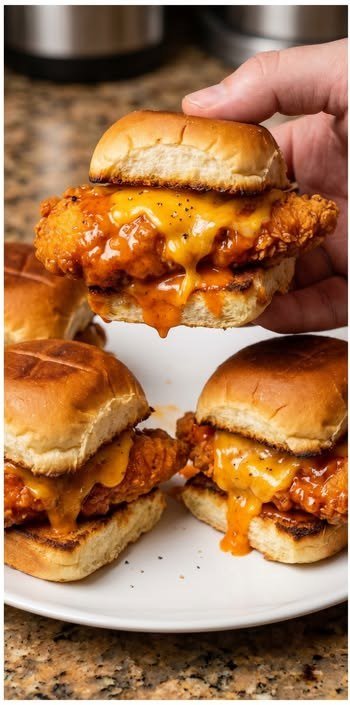 Finished crispy chicken tender sliders with fire ranch sauce