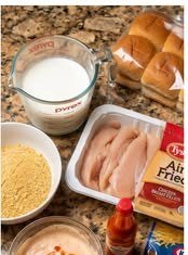 Ingredients for crispy chicken tender sliders with fire ranch sauce