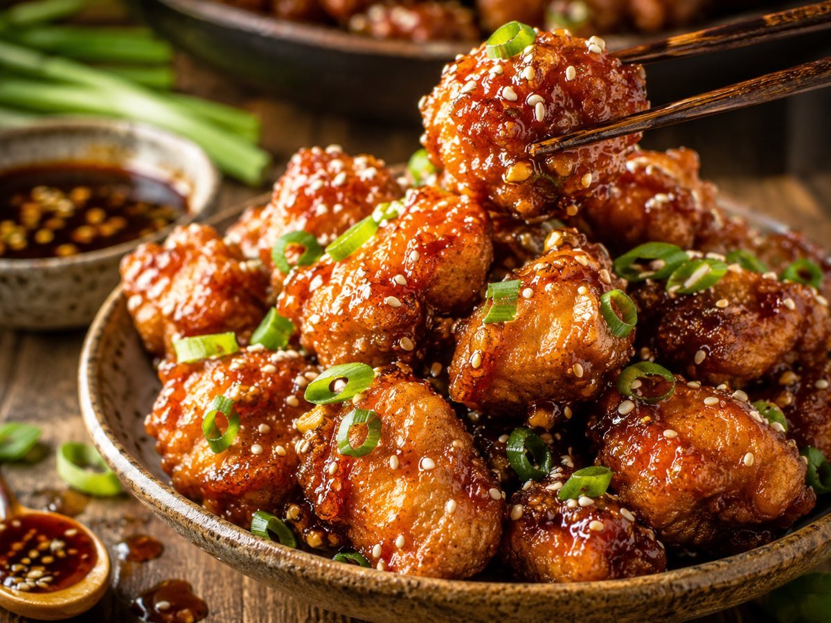 Crispy honey garlic chicken bites with sticky sauce, sesame seeds, and green onions