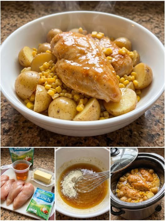 Crockpot honey butter chicken with ranch potatoes and sweet corn served in a bowl