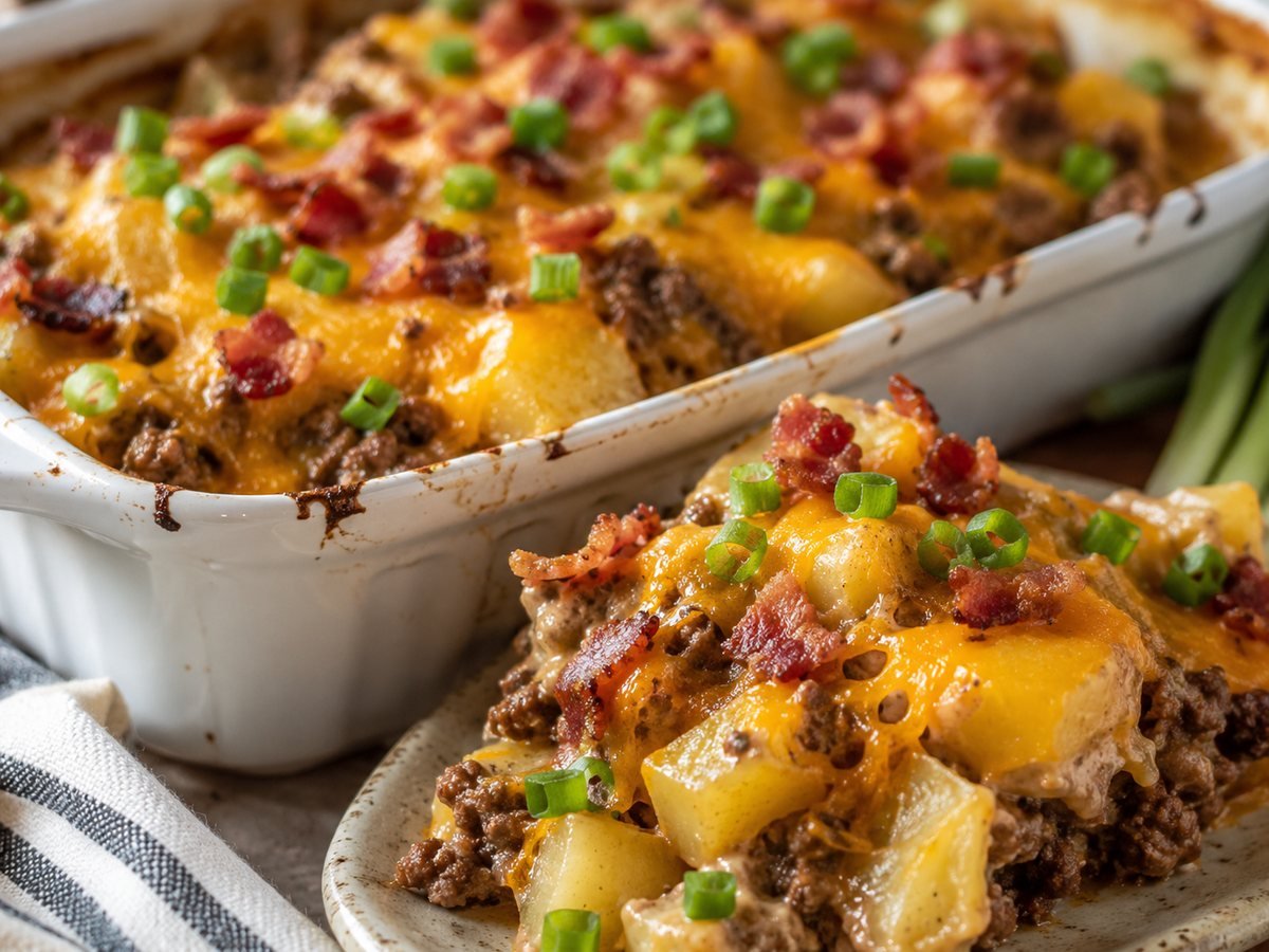 Loaded cheeseburger potato casserole with beef, cheddar, bacon, and green onions