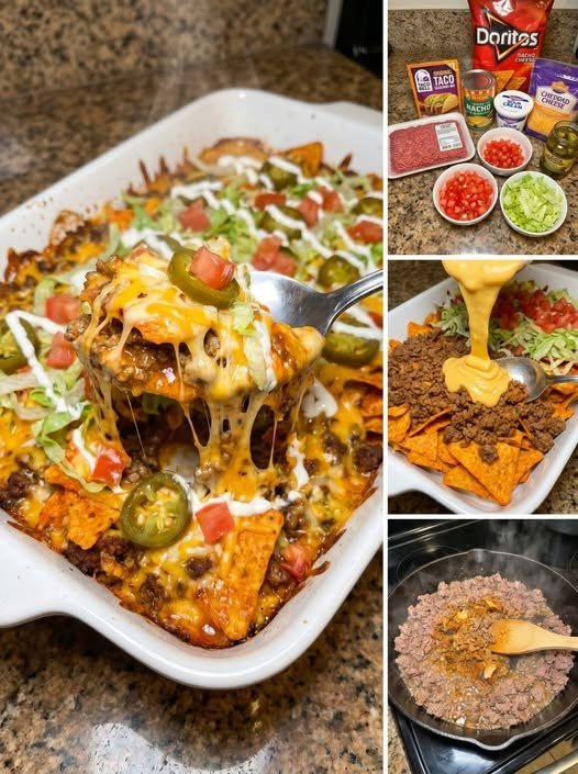 Loaded Dorito beef crunch tray with nacho cheese, taco beef, lettuce, tomatoes, jalapenos, shredded cheese, and sour cream