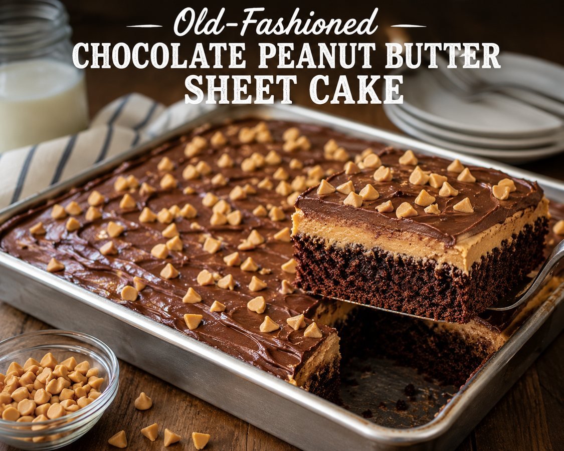 Old-fashioned chocolate peanut butter sheet cake with chocolate frosting and peanut butter chips