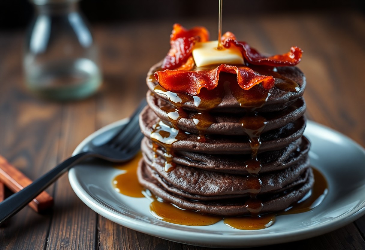 Fluffy Chocolate Pancakes with Maple Bacon Syrup