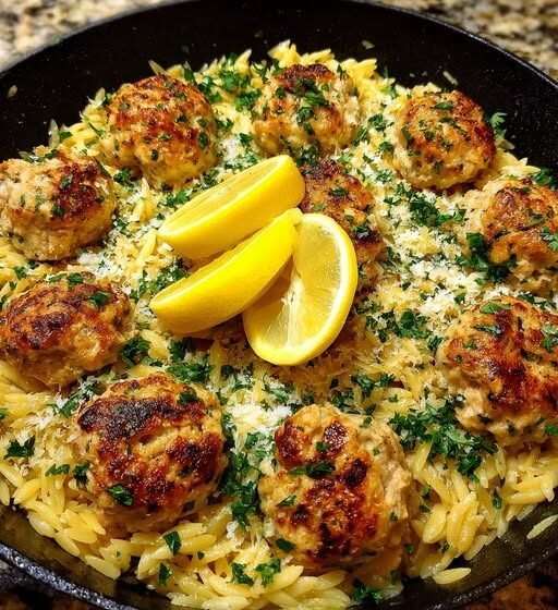 Easy Lemon Chicken Meatballs with Creamy Orzo