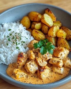 Creamy Paprika Chicken with Rice and Roasted Potatoes