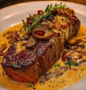 Steak with Bourbon Garlic Cream Sauce