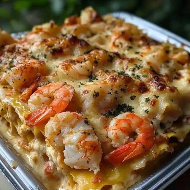 Cheesy Shrimp Alfredo Lasagna Bake