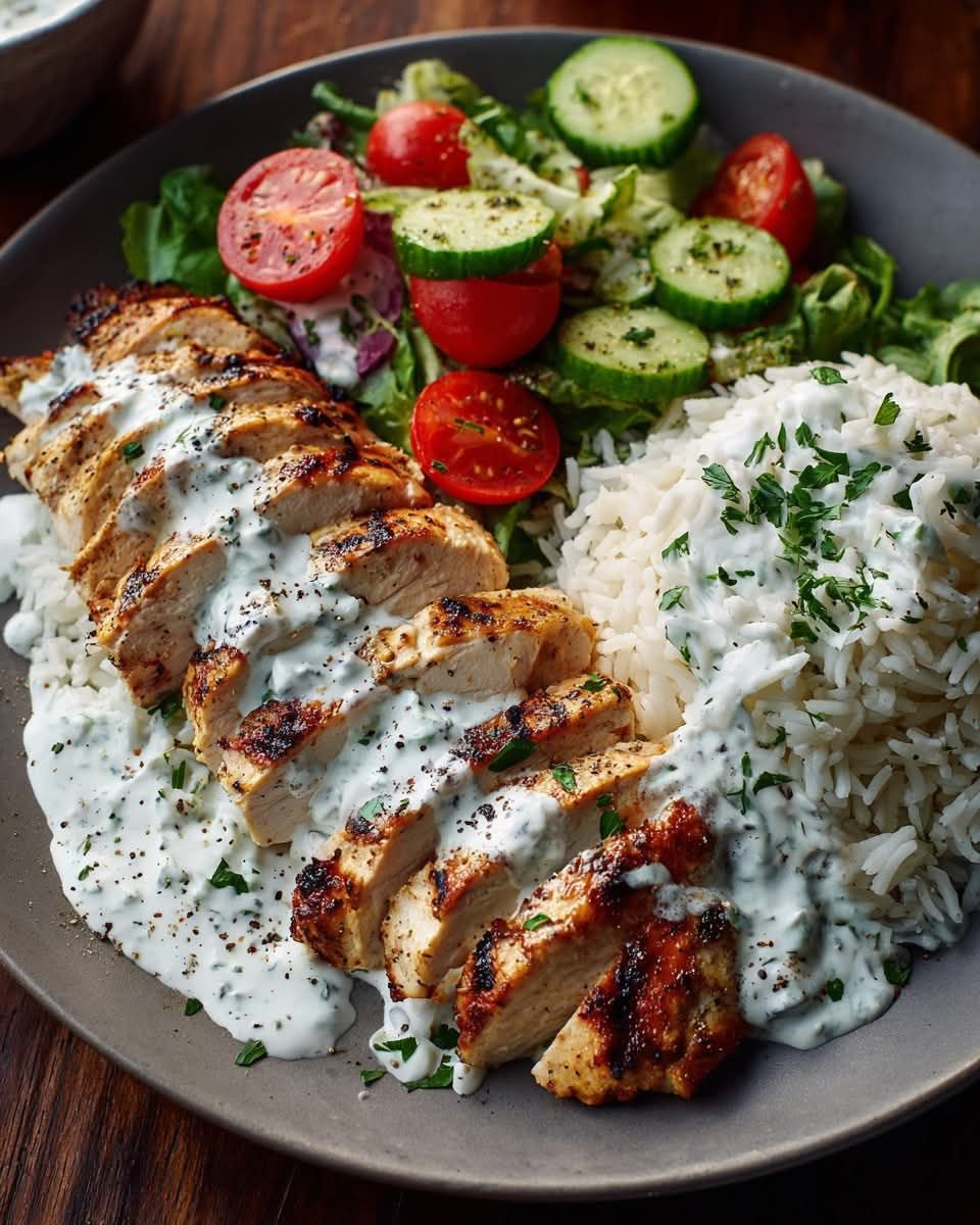 Healthy Grilled Chicken Rice Bowl with Lemon Yogurt Dressing