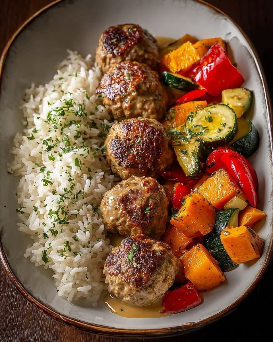 Easy Meatballs with Rice Bowl and Roasted Vegetables