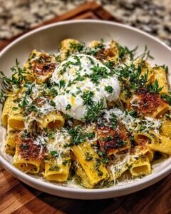Burrata Rigatoni with Lemon-Thyme Pesto Crust