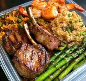 Grilled Lamb Chops and Shrimp with Fried Rice and Asparagus