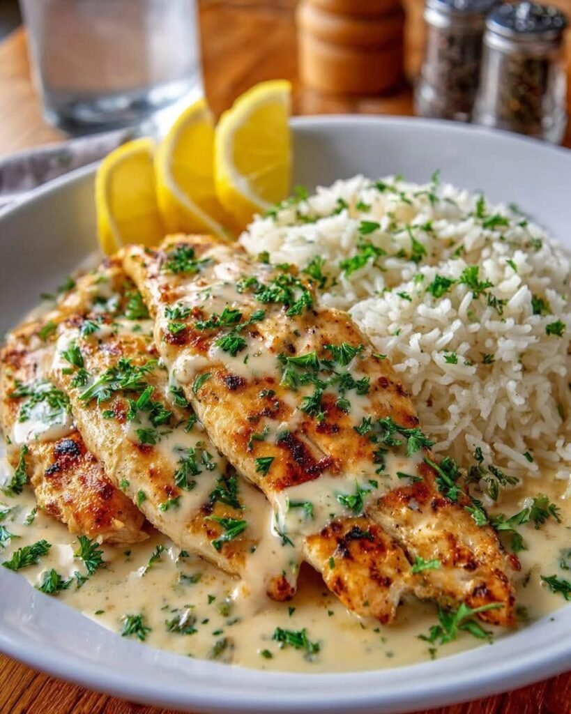The Best Lemon Garlic Chicken with Cream Sauce and Rice