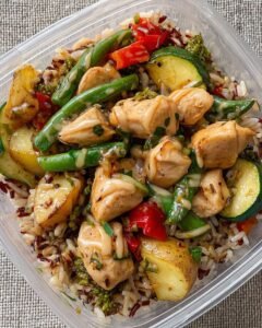 Chicken and Vegetable Stir-Fry with Rice and Peanut Sauce