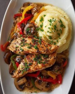 Herb Chicken with Sautéed Peppers Mushrooms and Mashed Potatoes