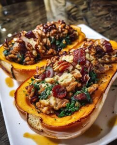 Sausage Stuffed Butternut Squash with Spinach, Pecans, and Cranberries