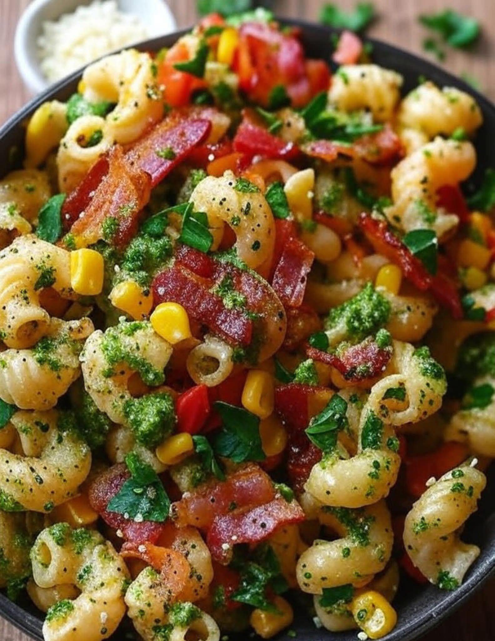 Summer Corn Pasta Salad with Bacon and Creamy Pesto