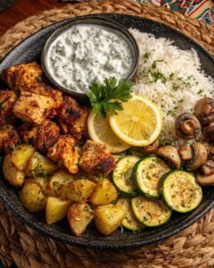 Grilled Chicken with Roasted Potatoes, Zucchini and Tzatziki Sauce