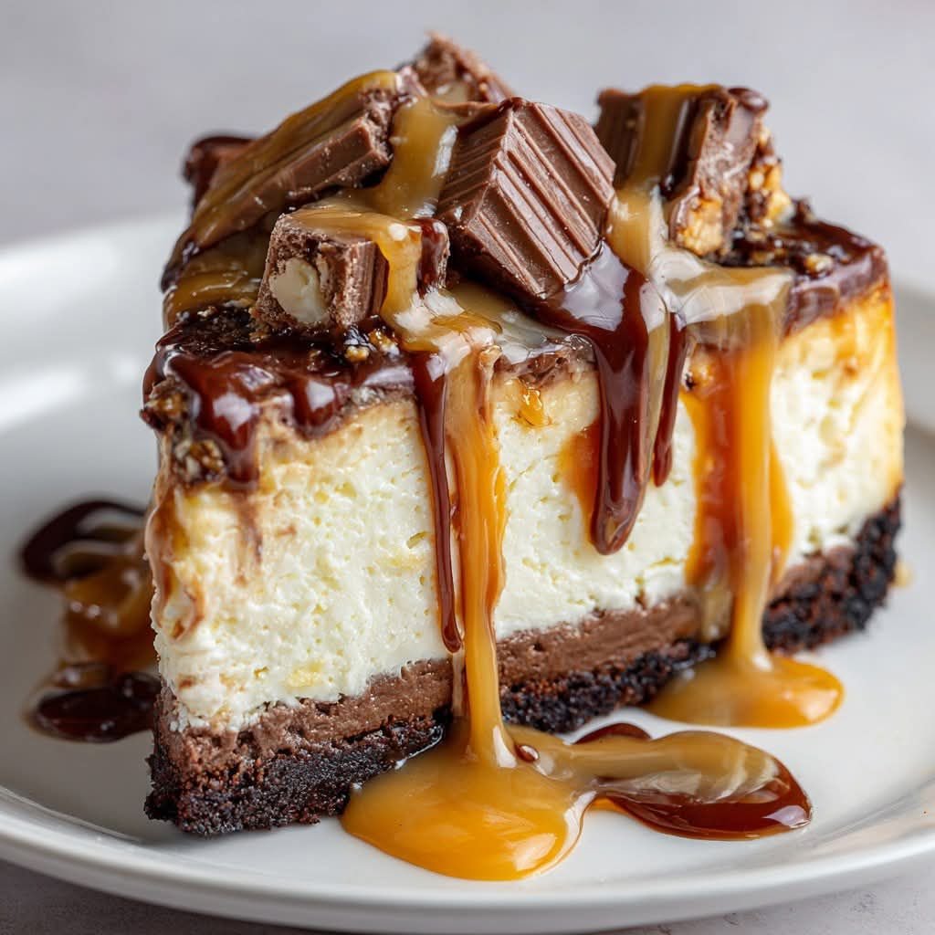 Fudgy Brownie Bottom Cheesecake with Caramel Swirl