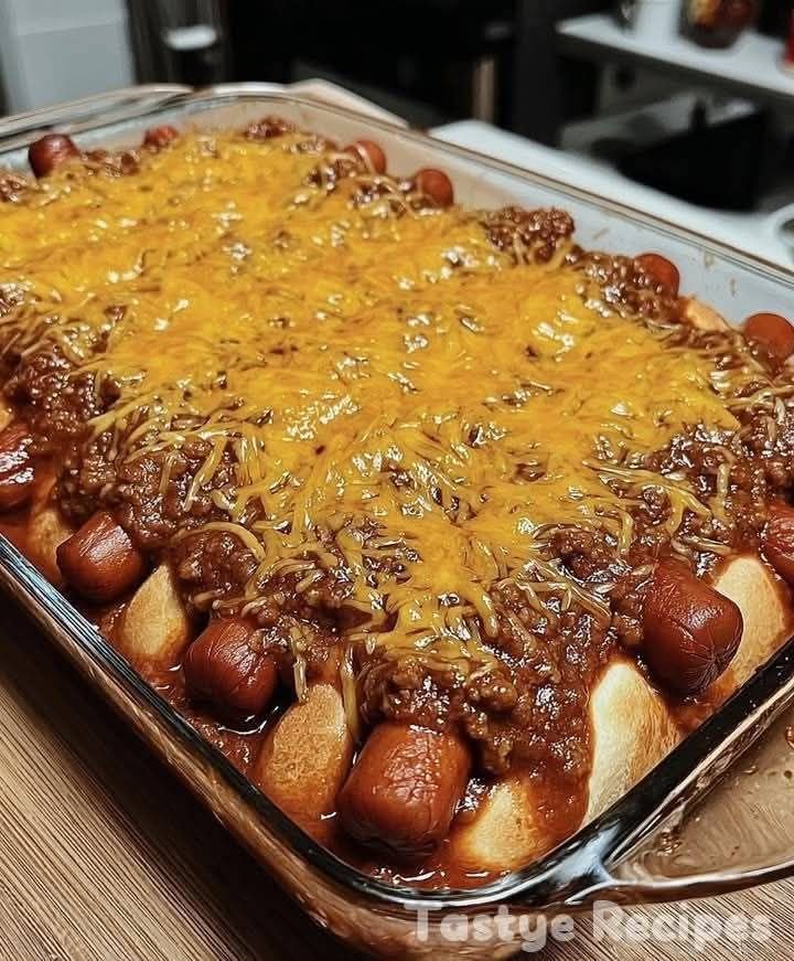 Chili Cheese Hot Dog Casserole with Crunchy Tortilla Chips