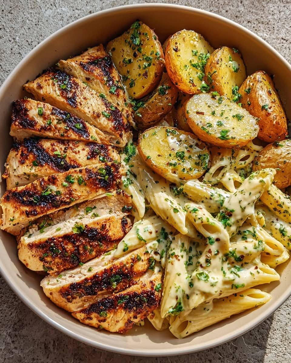 Easy Grilled Chicken with Roasted Potatoes and Creamy Pasta Recipe
