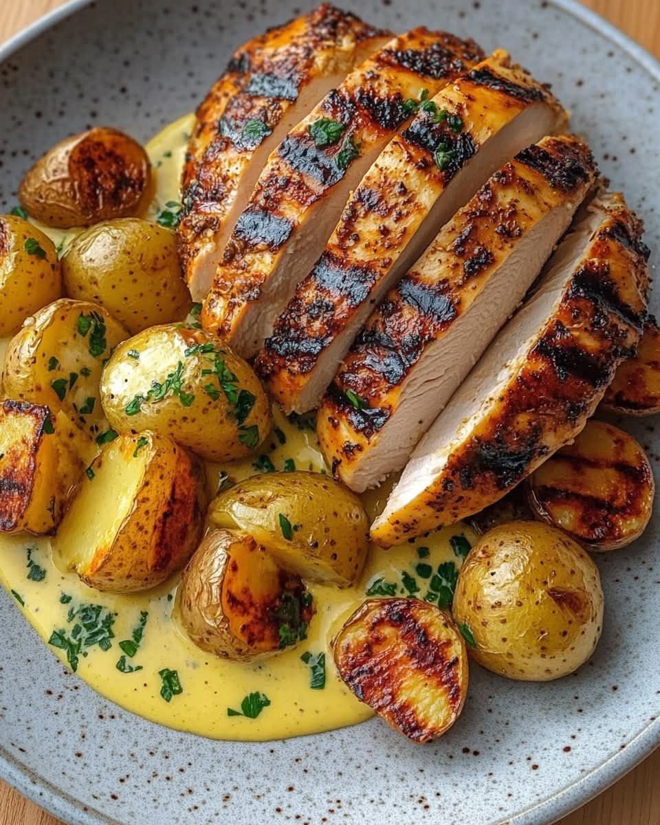 Flavor-Packed Grilled Chicken with Roasted Potatoes and Creamy Sauce