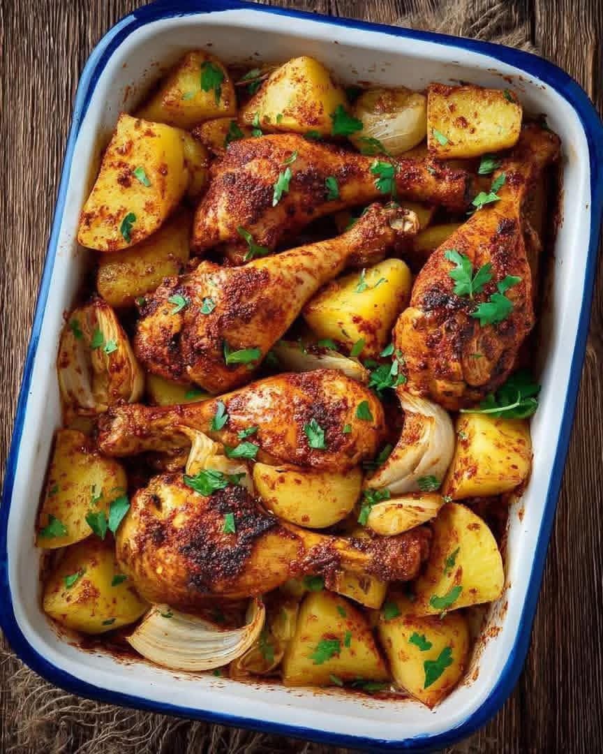 Crispy Baked Chicken Drumsticks with Potatoes and Onions