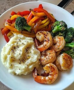 Garlic Butter Shrimp with Mashed Potatoes and Sauteed Vegetables