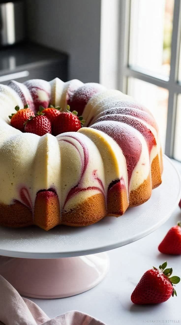 Moist Strawberry Swirl Cake with Fresh Berries