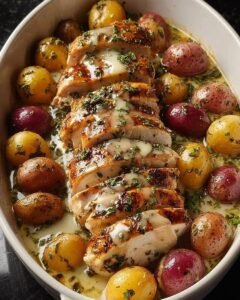 Garlic Herb Roast Chicken with Baby Potatoes in Creamy Butter Sauce