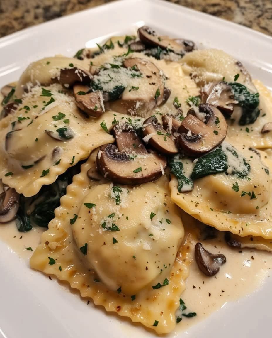 Creamy Mushroom Ravioli with Spinach and Parmesan Garlic Sauce