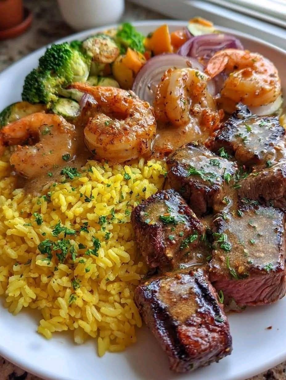 Loaded Surf and Turf Yellow Rice Bowl with Steak, Shrimp, and Veggies