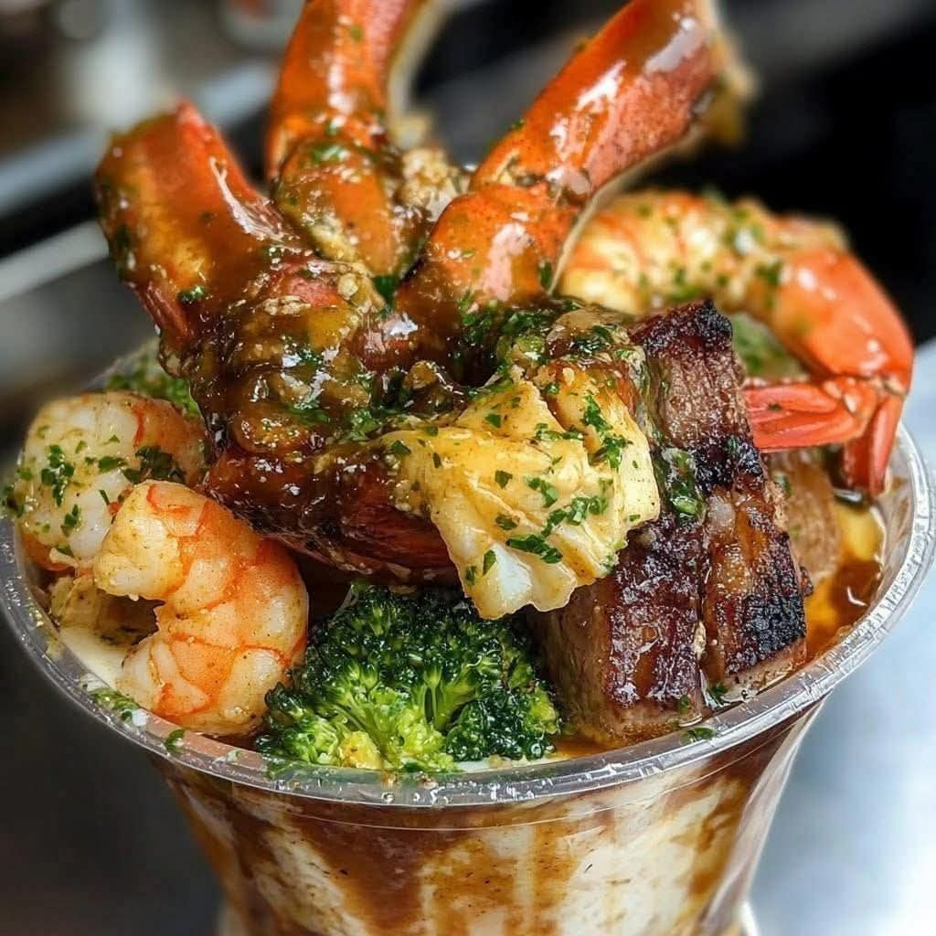 Elegant Seafood and Lamb Chop Bowl with Creamy Sauce