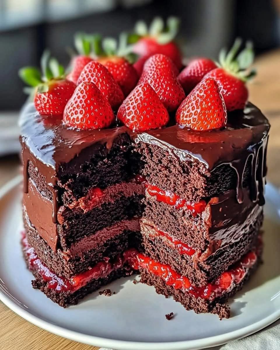 Homemade Chocolate Cake with Fresh Strawberry Filling