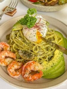 Pesto Spaghetti with Poached Egg, Avocado and Shrimp
