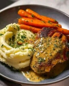 Chicken with Herb Cream Sauce, Mashed Potatoes and Glazed Carrots
