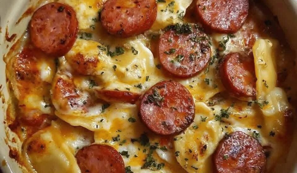 Creamy Pierogi & Kielbasa Casserole with Cheddar and Garlic Sauce