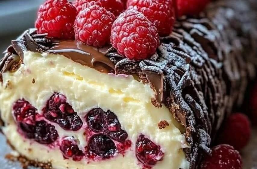 Light Chocolate Swiss Roll with Fresh Raspberry Cream Filling