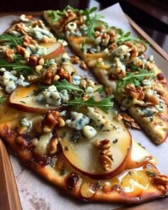 Pear and Blue Cheese Flatbread with Walnut Honey Drizzle