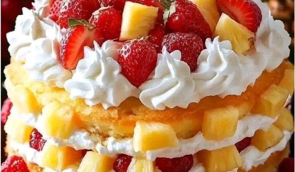 Homemade Tropical Shortcake with Strawberries, Pineapple & Cream
