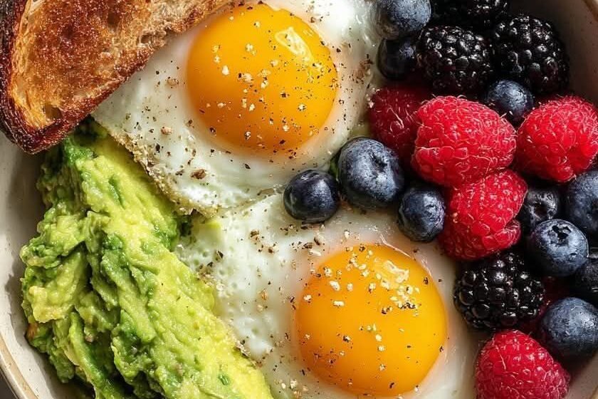 Healthy Avocado Toast with Sunny-Side Eggs and Berries