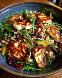 Halloumi and Farro Salad with Dried Cherries and Citrus Vinaigrette