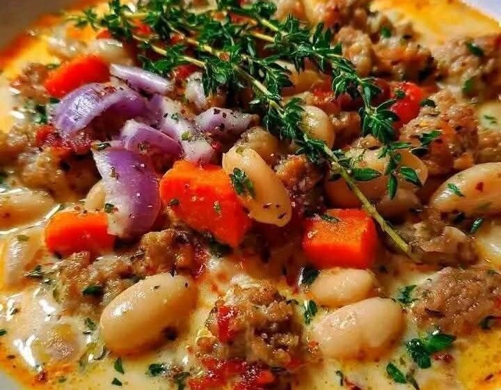 Creamy Italian Sausage Soup with White Beans, Carrots, and Herbs