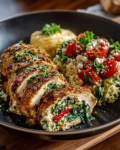 Roasted Red Pepper Spinach Mozzarella Stuffed Chicken