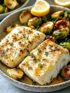 Lemon Garlic Cod Bowls with Roasted Brussels Sprouts
