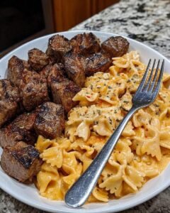 Cajun Steak Tips with Cheesy Parmesan Bowtie Pasta